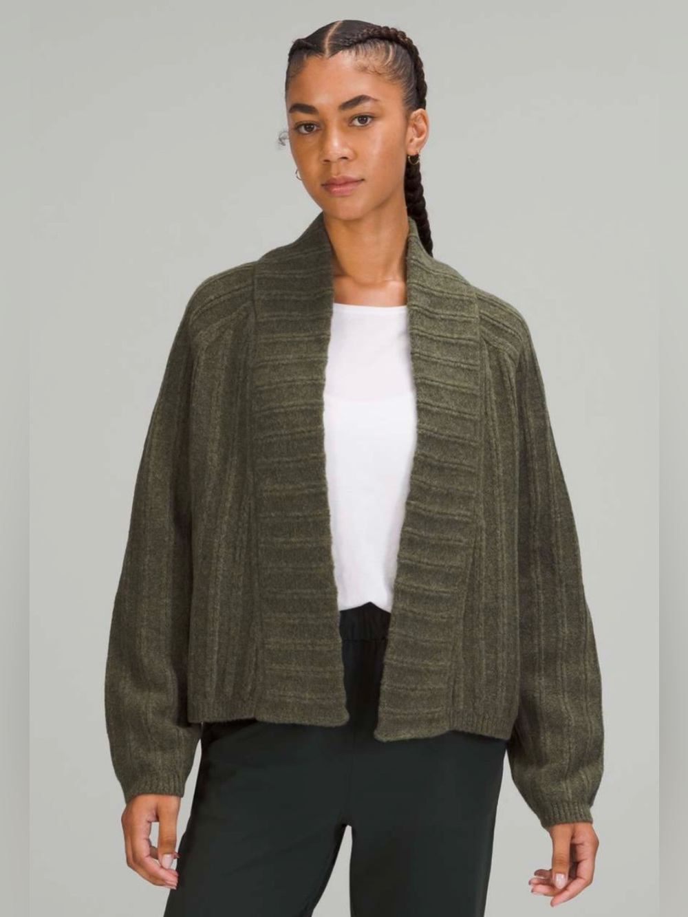 Lululemon Twin Rib Sweater Wrap Open-Front Cardigan-Heathered Dark Olive
